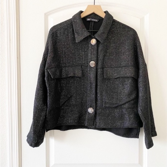 ZARA Black Metallic Button Front Shacket Cardigan - Picture 3 of 8